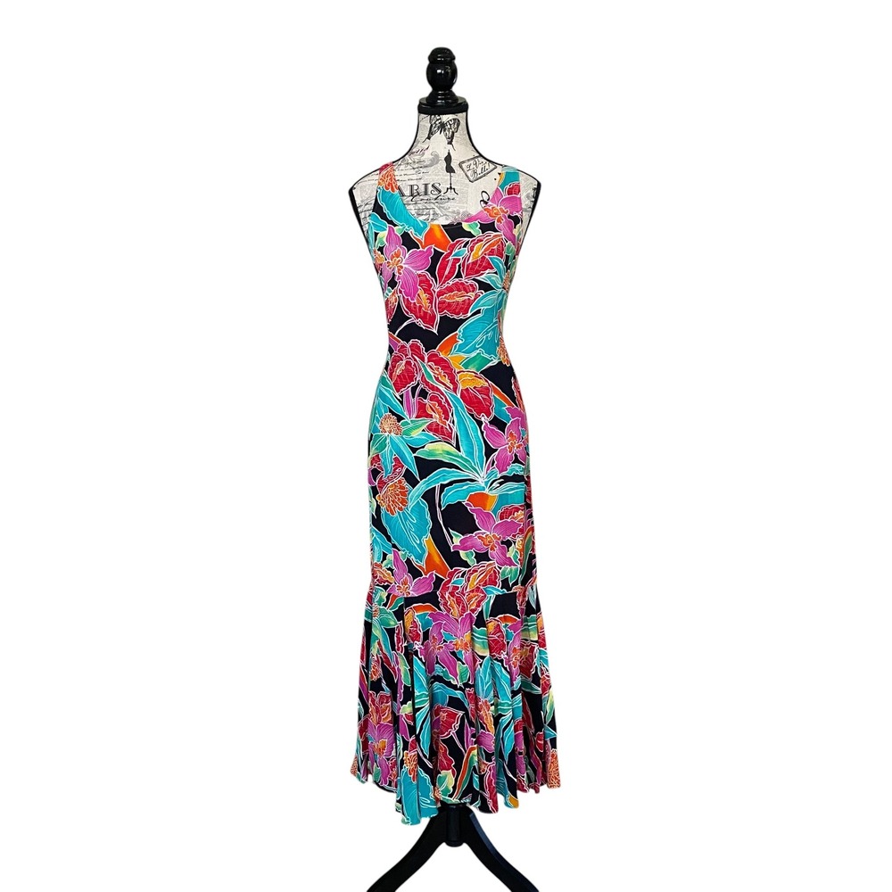 Carole Little Dress Womens 4 Multi Color Floral Rayon Mermaid Hem Vintage Maxi